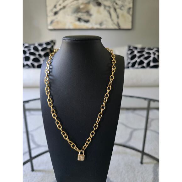 Stainless Steel Gold Rhinestone Lock Necklace New - Picture 4 of 4